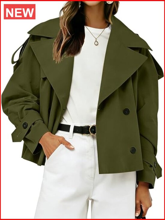 Jackets & Blazers - Women's Cropped Trench Coat Double Breasted Short Work Jacket with Belt